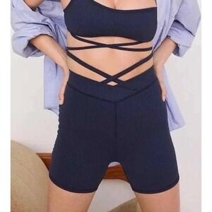 For Love & Lemons Ribbed Bike Shorts Smoke Blue Chloe  Waist Strap Size S